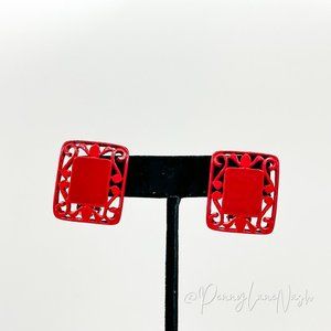 Vintage Red Square Etched Clip On Earrings